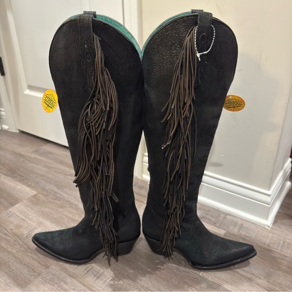 Corral Boots Fringe Tall Snip Toe Black Suede Western Cowboy Boots Z5414 - Picture 8 of 16